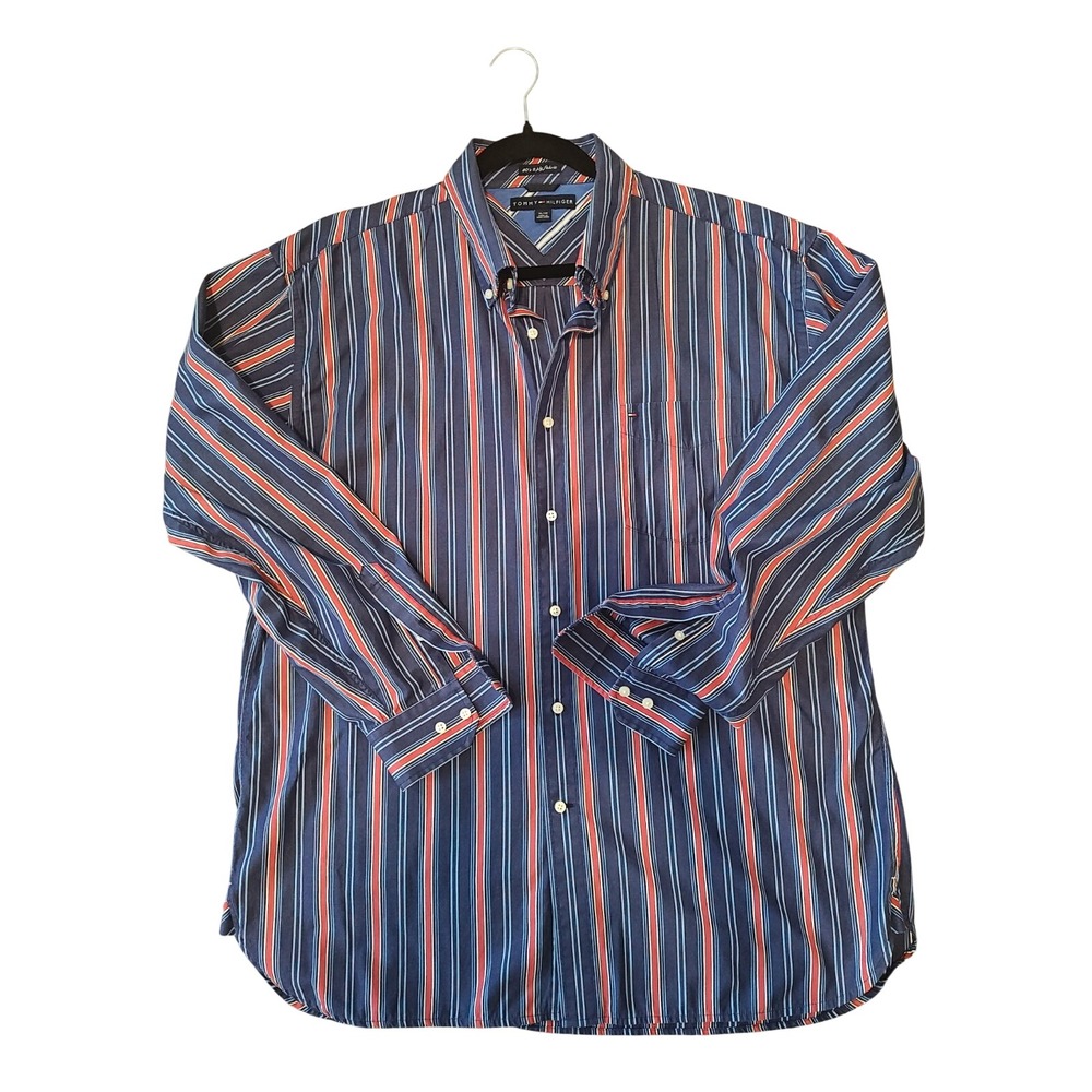 Tommy Hilfiger Mens XL Long Sleeve Button Down Shirt Navy Red Stripe 80s 2-ply